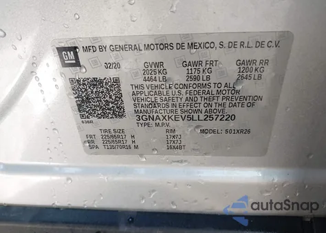 2020 Chevrolet Equinox Fwd Lt 1.5L Turbo z USA, uszkodzony, nr VIN 3GNAXKEV5LL257220